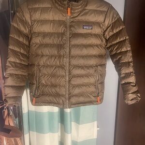 Patagonia Olive Puffer Jacket with Orange Accents